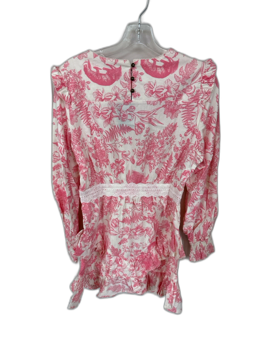 Lalibela Size M Pink & White Cotton Long Balloon Sleeve Botanical Ruffles Dress Pink & White / M