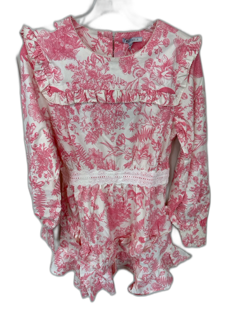 Lalibela Size M Pink & White Cotton Long Balloon Sleeve Botanical Ruffles Dress Pink & White / M