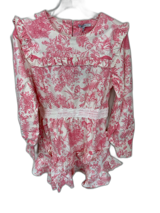 Lalibela Size M Pink & White Cotton Long Balloon Sleeve Botanical Ruffles Dress Pink & White / M