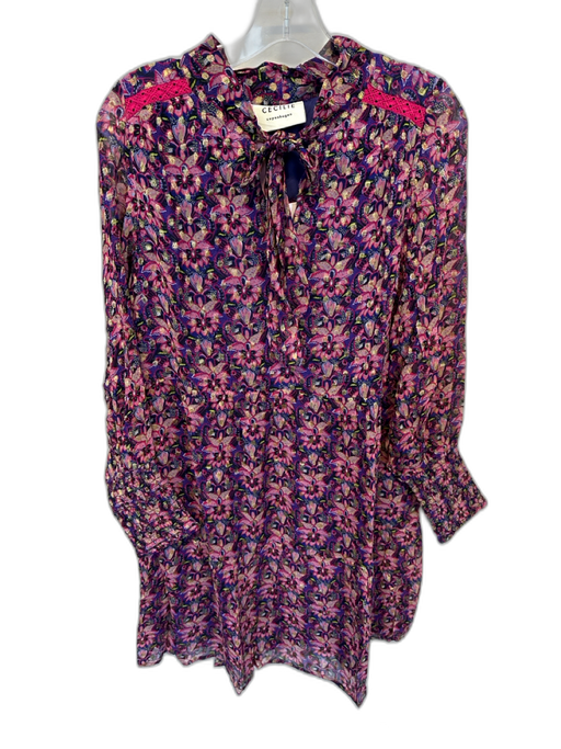 Cecilie Copenhagen Size M Magenta & Navy Viscose Long Balloon Sleeve Dress Magenta & Navy / M
