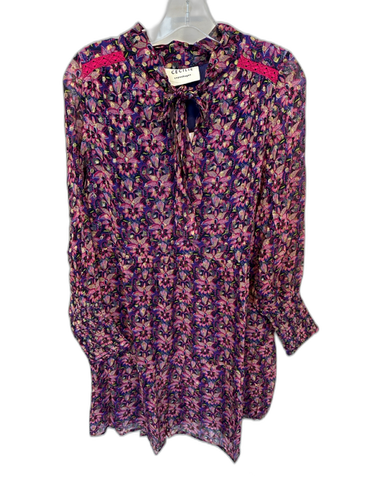 Cecilie Copenhagen Size M Magenta & Navy Viscose Long Balloon Sleeve Dress Magenta & Navy / M