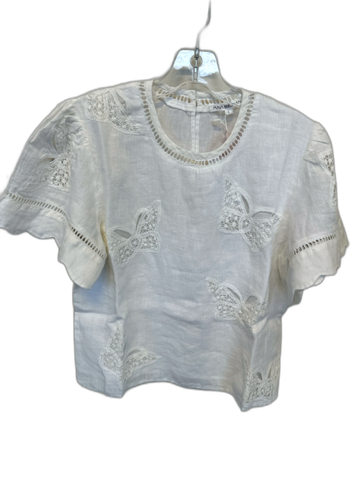 Maia Bergman Size L White Linen Short Sleeve Butterflies Cut Outs Top White / L