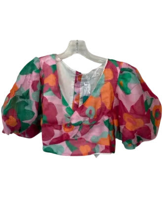 Lalibela Size M Green & Pink Ramie Short Balloon Sleeve Flowers Cropped Top Green & Pink / M