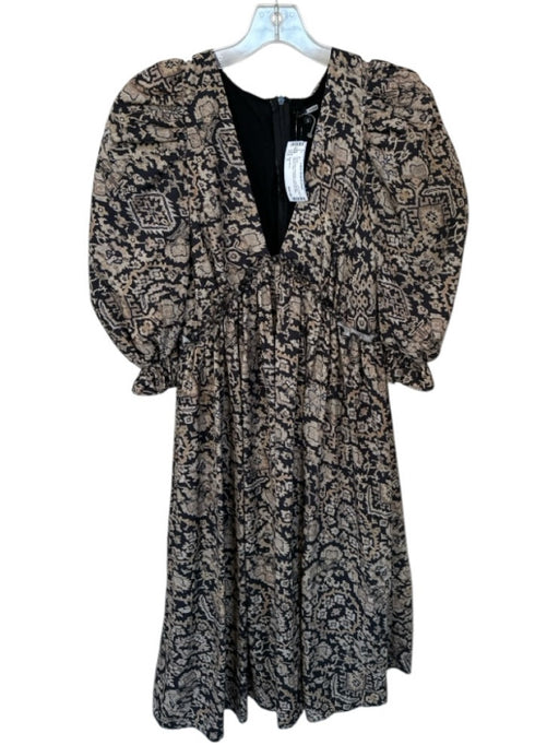 Area Stars Size S Tan & black Polyester Long Balloon Sleeve Aztec V Neck Dress Tan & black / S