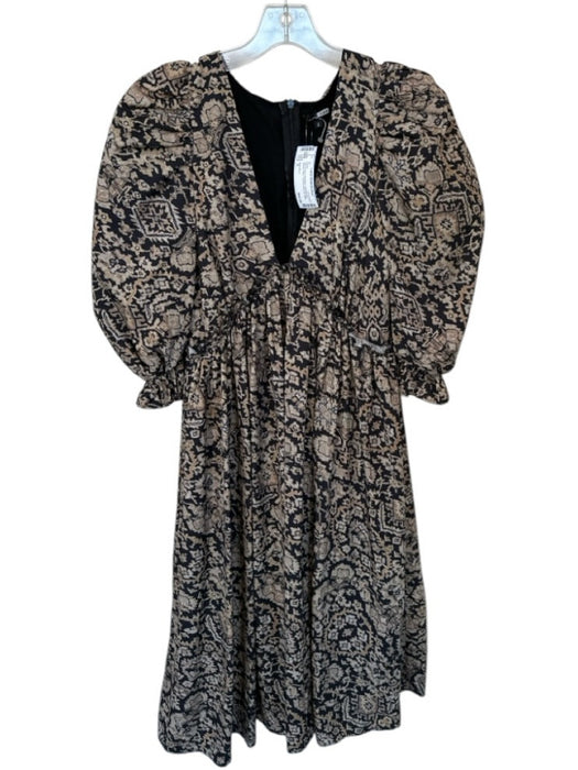 Area Stars Size S Tan & black Polyester Long Balloon Sleeve Aztec V Neck Dress Tan & black / S