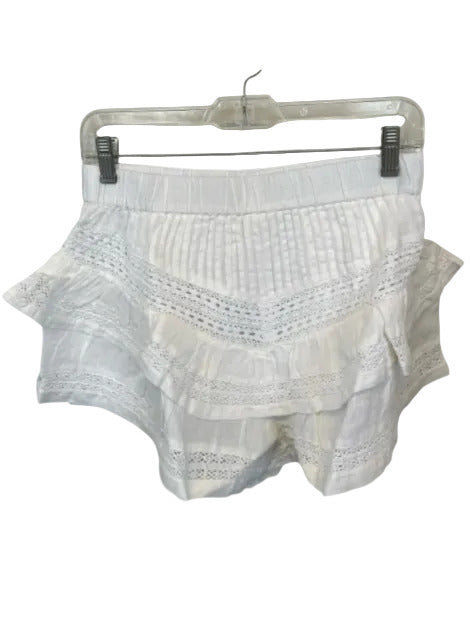 Maia Bergman Size L White Linen Elastic Waist Lace Ruffles Shorts White / L
