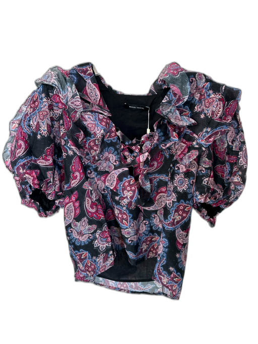 Magali Pascal Size XS Purple & Black Cotton & Silk Short Balloon Sleeve Top Purple & Black / XS