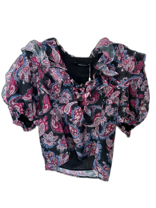 Magali Pascal Size XS Purple & Black Cotton & Silk Short Balloon Sleeve Top Purple & Black / XS