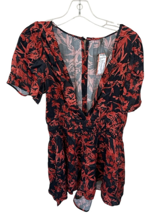 By Anthropologie Size M Black & Red Polyester Short Sleeve Botanical Romper Black & Red / M