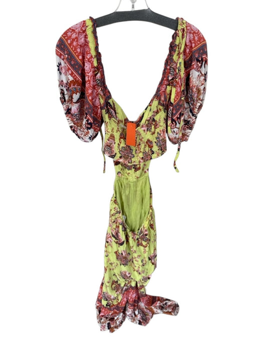 Free People Size M Lime & Red Rayon Long Balloon Sleeve Botanical Maxi Dress Lime & Red / M