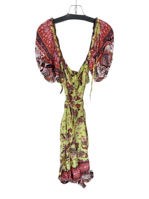Free People Size M Lime & Red Rayon Long Balloon Sleeve Botanical Maxi Dress Lime & Red / M