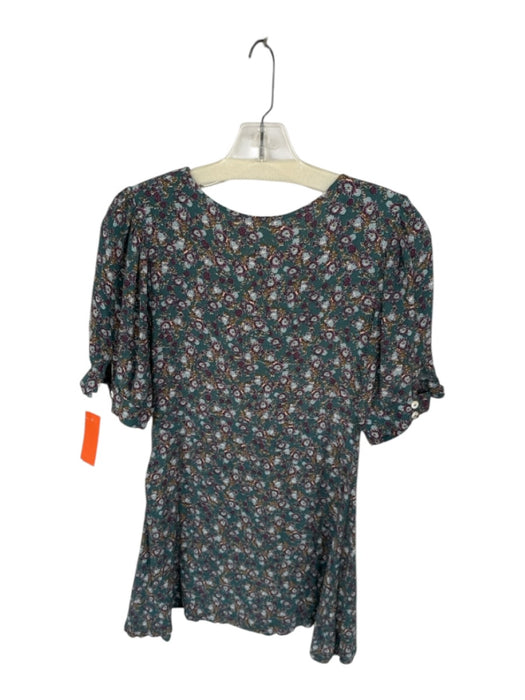 Free People Size S Teal & Purple Viscose Short Sleeve Flowers Buttons Mini Dress Teal & Purple / S