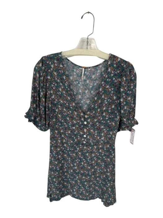 Free People Size S Teal & Purple Viscose Short Sleeve Flowers Buttons Mini Dress Teal & Purple / S