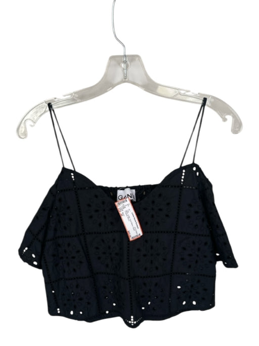 Ganni Size 36 Black Cotton Short Sleeve Eyelet Cropped Top Black / 36