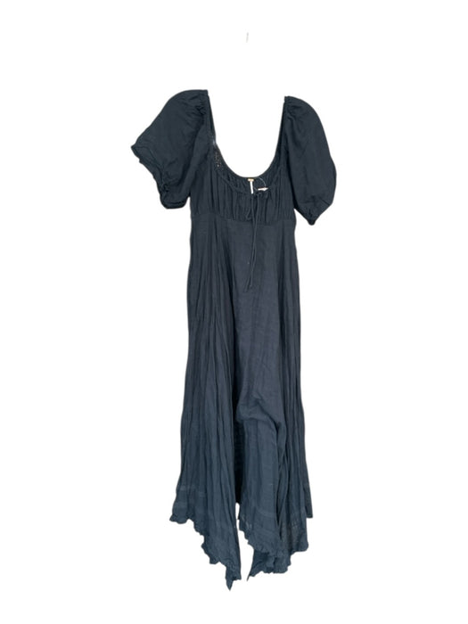 Free People Size S Black Cotton Short Balloon Sleeve Textured Front Tie Dress Black / S