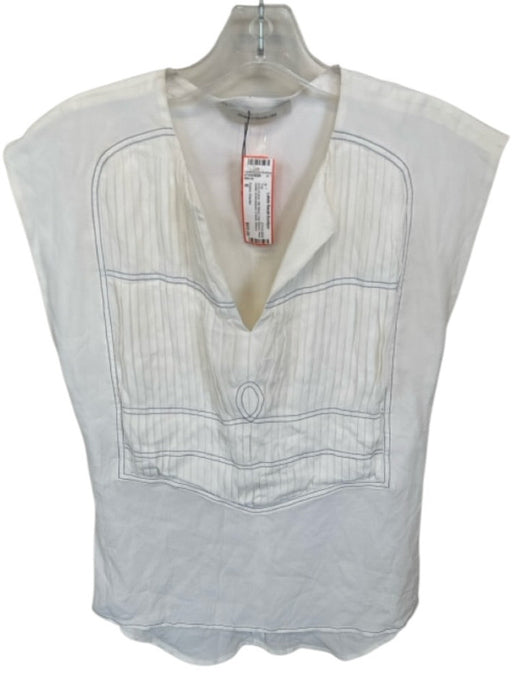 Cedric Charlier Size 6 Ivory & blue Silk Blend Cap Sleeve Pleat Detail Top Ivory & blue / 6
