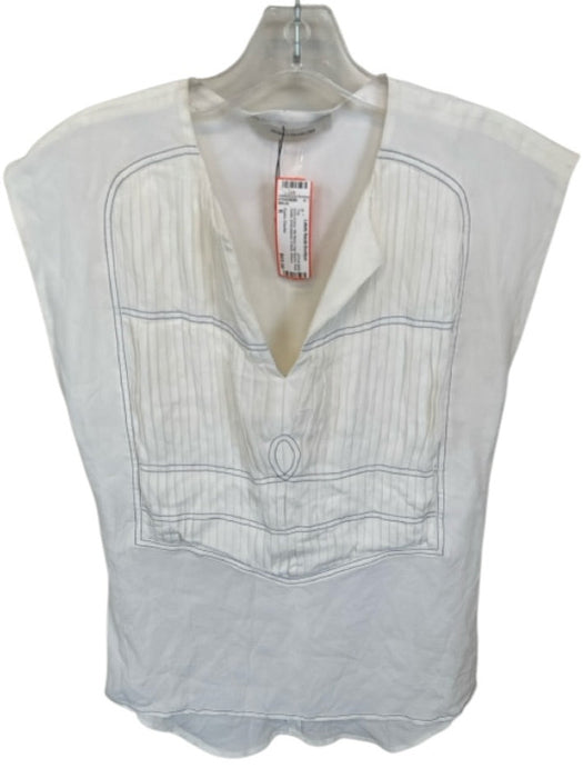 Cedric Charlier Size 6 Ivory & blue Silk Blend Cap Sleeve Pleat Detail Top Ivory & blue / 6