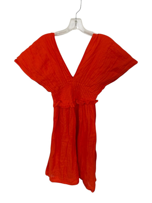 Sea New York Size 0 Orange Ramie Cap Sleeve Pleat Detail V Neck Tea Length Dress Orange / 0