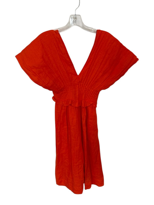 Sea New York Size 0 Orange Ramie Cap Sleeve Pleat Detail V Neck Tea Length Dress Orange / 0