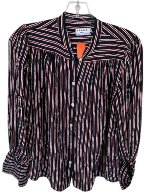 Frame Size XS Navy & Red Silk Long Sleeve Striped Button Down Top Navy & Red / XS