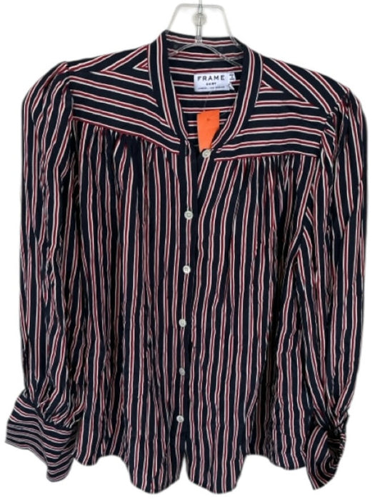 Frame Size XS Navy & Red Silk Long Sleeve Striped Button Down Top Navy & Red / XS