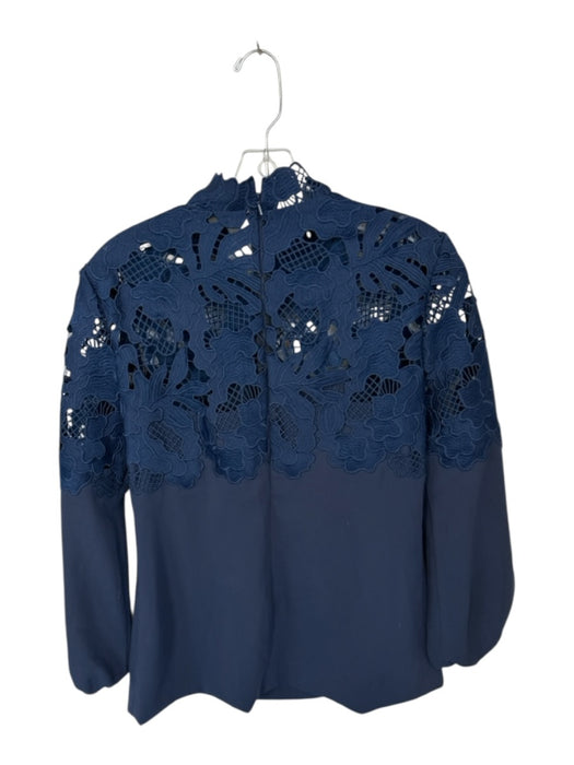 Lela Rose Size 4 Navy Silk Blend Long Balloon Sleeve Lace Back Zip Top Navy / 4