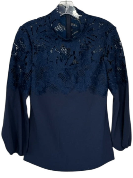 Lela Rose Size 4 Navy Silk Blend Long Balloon Sleeve Lace Back Zip Top Navy / 4