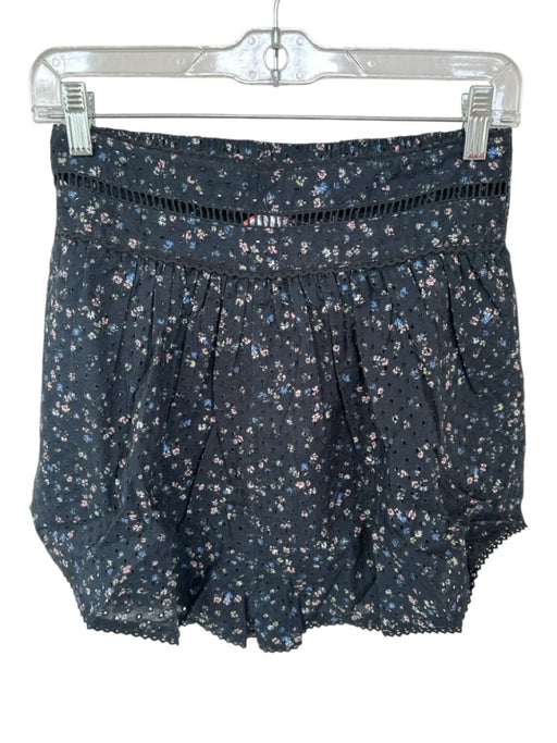 Maia Bergman Size M Black & Blue Cotton Elastic Waist Flowers eyelet Shorts Black & Blue / M