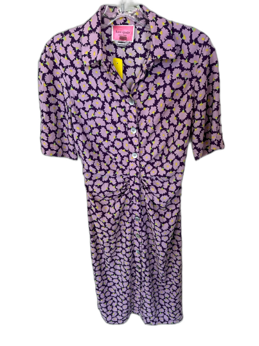 Kate Spade Size 0 Purple & Yellow Polyester 3/4 Sleeve Flowers Gathered Dress Purple & Yellow / 0