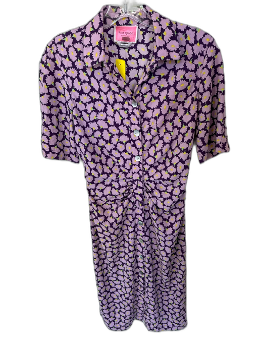 Kate Spade Size 0 Purple & Yellow Polyester 3/4 Sleeve Flowers Gathered Dress Purple & Yellow / 0