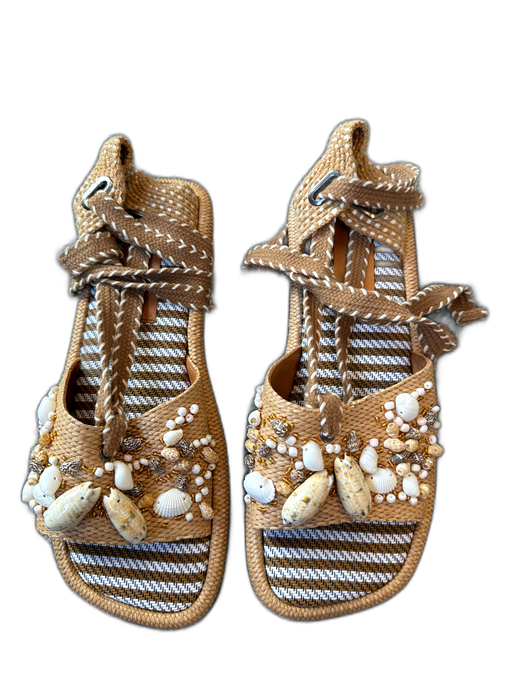 Clergerie Shoe Size 40.5 Tan & White Canvas Seashells Ankle Tie Sandals Tan & White / 40.5