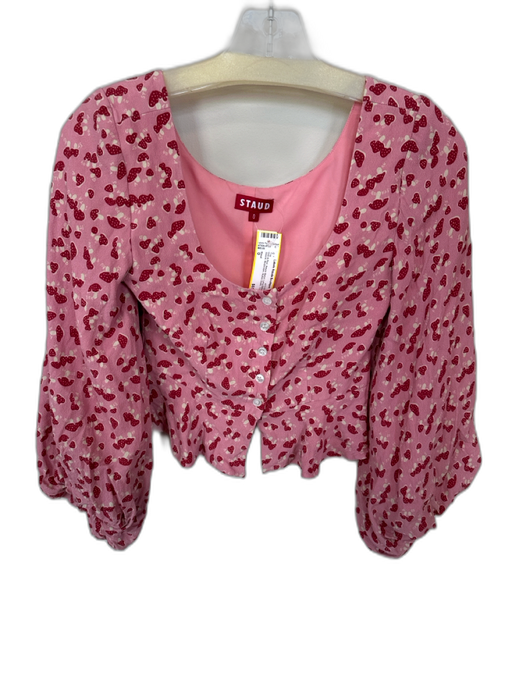 Staud Size 0 Pink & Red Rayon Blend Long Balloon Sleeve Mushroom Button Down Top Pink & Red / 0