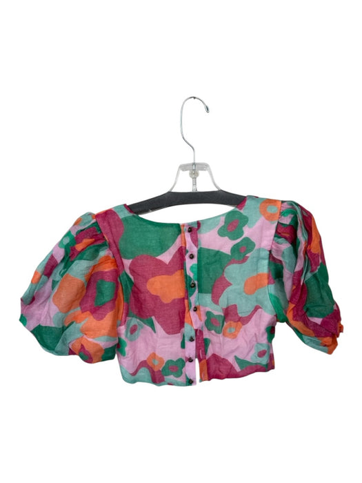 Lalibela Size XS Teal & Purple Cotton Short Balloon Sleeve Flowers Cropped Top Teal & Purple / XS