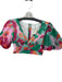 Lalibela Size XS Teal & Purple Cotton Short Balloon Sleeve Flowers Cropped Top Teal & Purple / XS