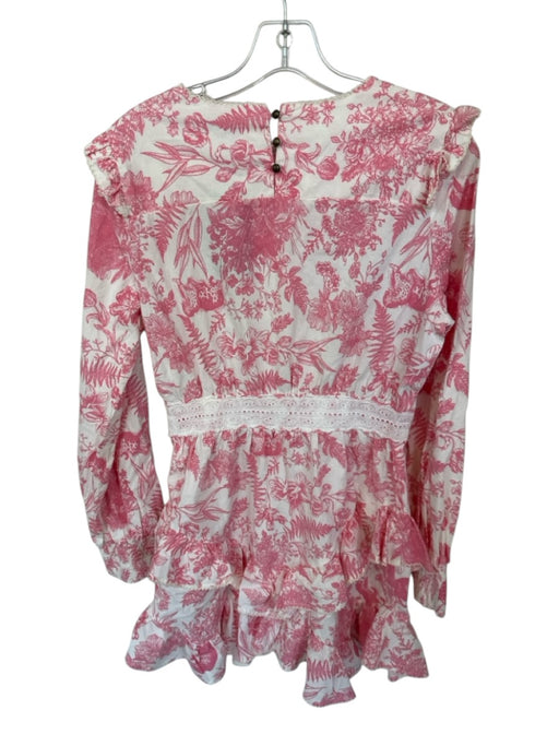 Lalibela Size S Pink & White Cotton Long Balloon Sleeve Botanical Ruffles Dress Pink & White / S