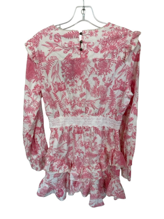 Lalibela Size S Pink & White Cotton Long Balloon Sleeve Botanical Ruffles Dress Pink & White / S