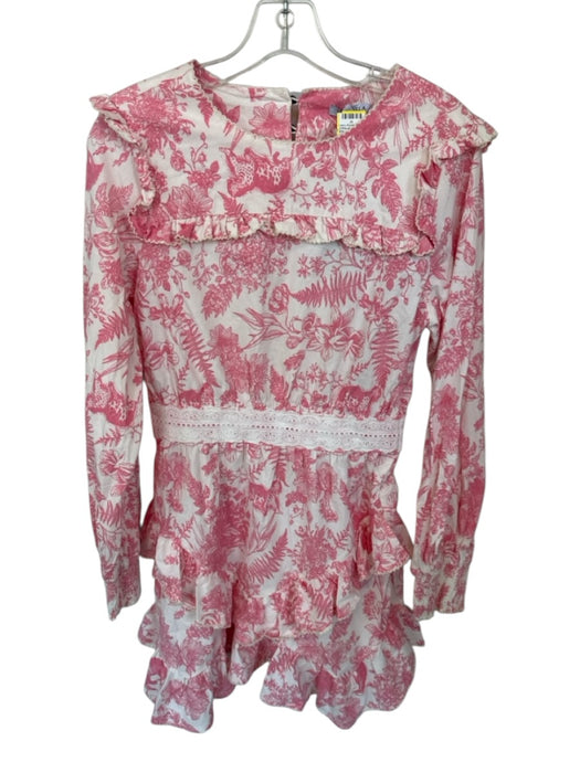 Lalibela Size S Pink & White Cotton Long Balloon Sleeve Botanical Ruffles Dress Pink & White / S