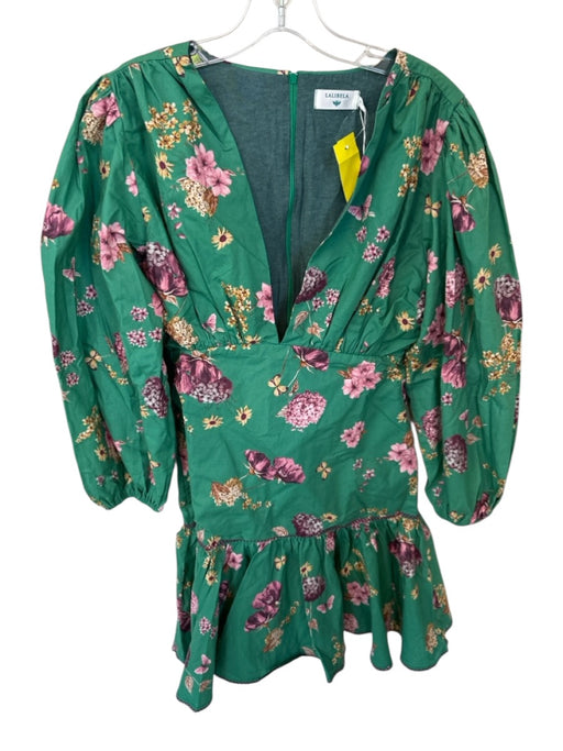 Lalibela Size S Green & Purple Cotton Long Balloon Sleeve Botanical V Neck Dress Green & Purple / S