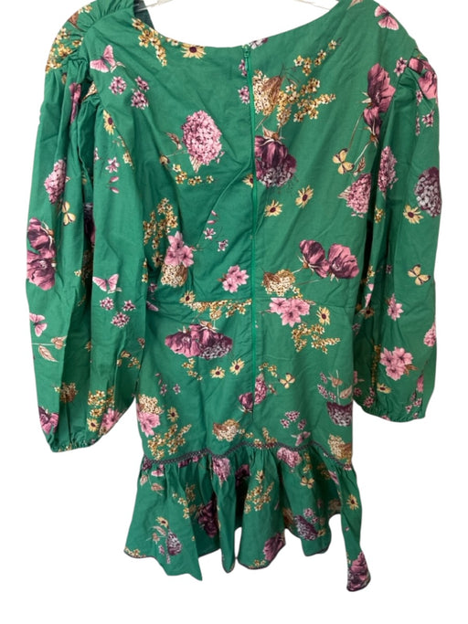 Lalibela Size L Green & Purple Cotton Long Balloon Sleeve Botanical V Neck Dress Green & Purple / L
