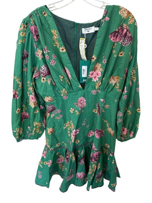 Lalibela Size L Green & Purple Cotton Long Balloon Sleeve Botanical V Neck Dress Green & Purple / L