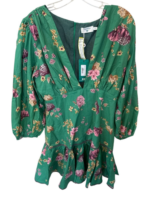 Lalibela Size L Green & Purple Cotton Long Balloon Sleeve Botanical V Neck Dress Green & Purple / L