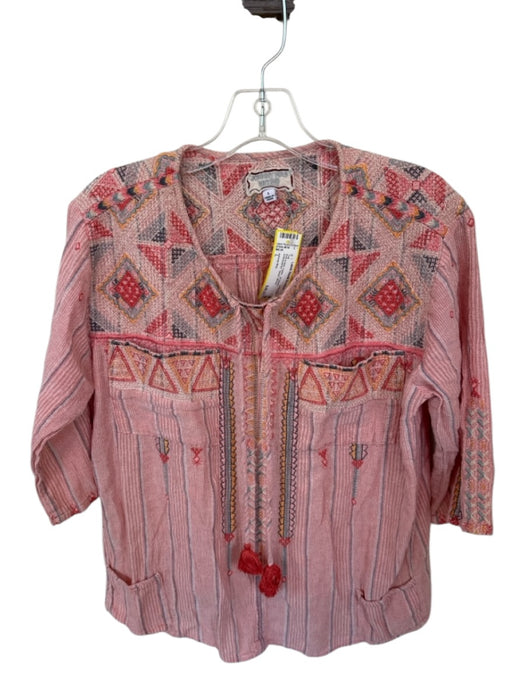 Johnny Was Size L Pink & blue Cotton 3/4 Sleeve Embroidered Tassel Top Pink & blue / L