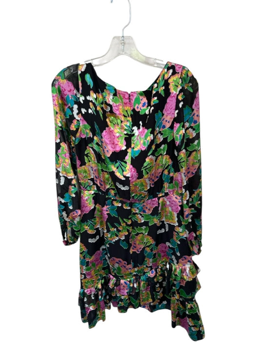 Saloni Size 6 Black & Multi Silk Blend Long Sleeve Botanical Back Zip Dress Black & Multi / 6