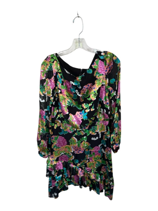 Saloni Size 6 Black & Multi Silk Blend Long Sleeve Botanical Back Zip Dress Black & Multi / 6