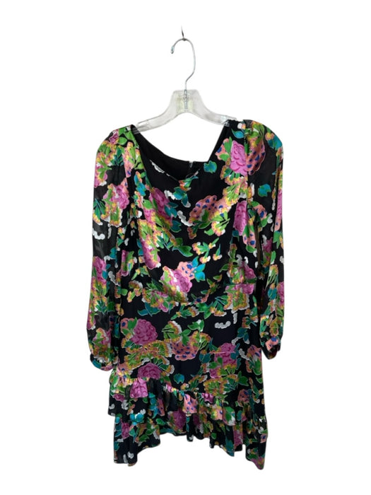 Saloni Size 6 Black & Multi Silk Blend Long Sleeve Botanical Back Zip Dress Black & Multi / 6