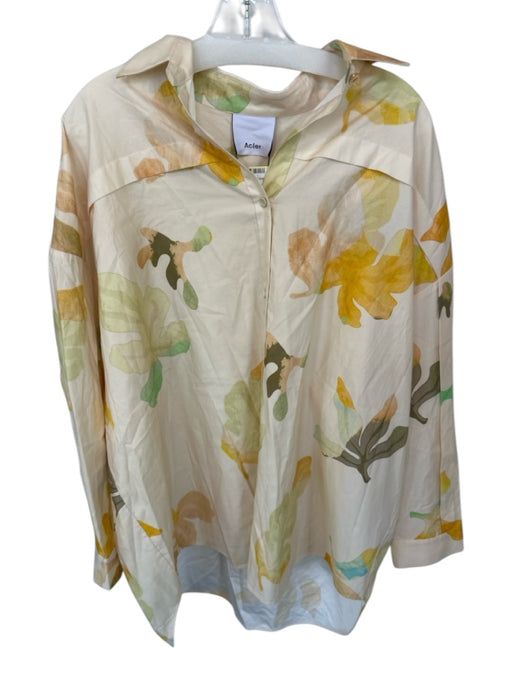 Acler Size 4 Peach & Green Cotton Long Sleeve Flowers Button Down Oversized Top Peach & Green / 4