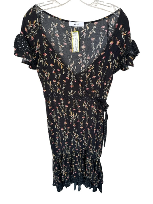 Likely Size Est S Black & Green Viscose Short Sleeve Botanical Side Tie Dress Black & Green / Est S
