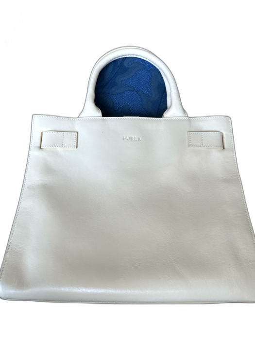 Furla Cream Leather Top Handles Snap Button Close Structured Bag Cream / M