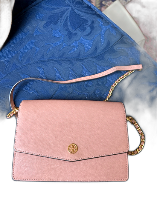 Tory Burch Blush & Gold Leather Front Flap Chain Strap Crossbody Bag Blush & Gold / S
