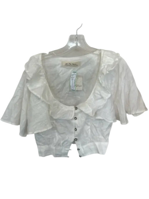 We The Free Size XS White Linen Short Sleeve Ruffle Collar Button Down Top White / XS